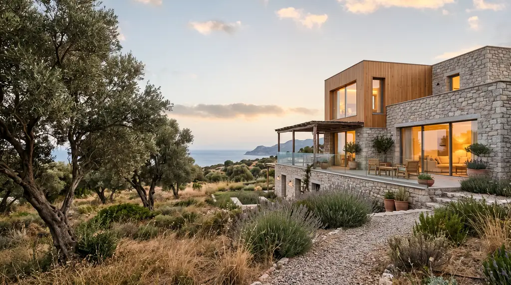Gün batımında zeytin ağaçları ve lavantalar arasında, denize bakan taş ve ahşap cepheli iki katlı modern villa