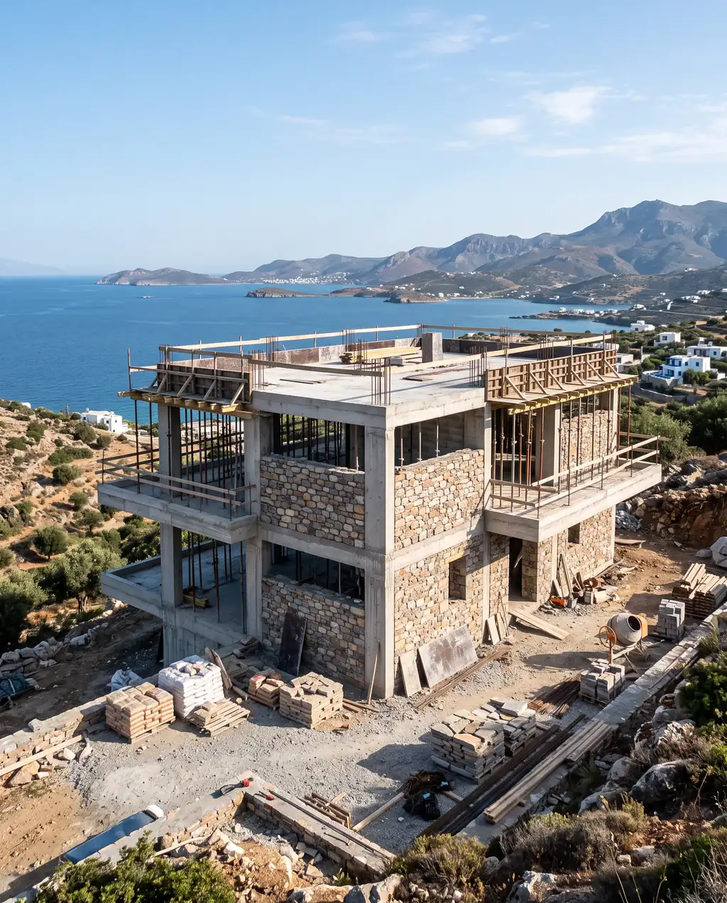 Deniz manzaralı yamaçta taş dolgulu, betonarme karkaslı, yapım aşamasındaki iki katlı bina ve şantiye malzemeleri
